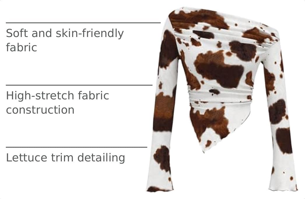 RoseSeek Women's Y2K Cow Print Bell Long Sleeve T Shirt Ruched Asymmetrical Neck Slim Fitted Tee Tops Multicolor Small