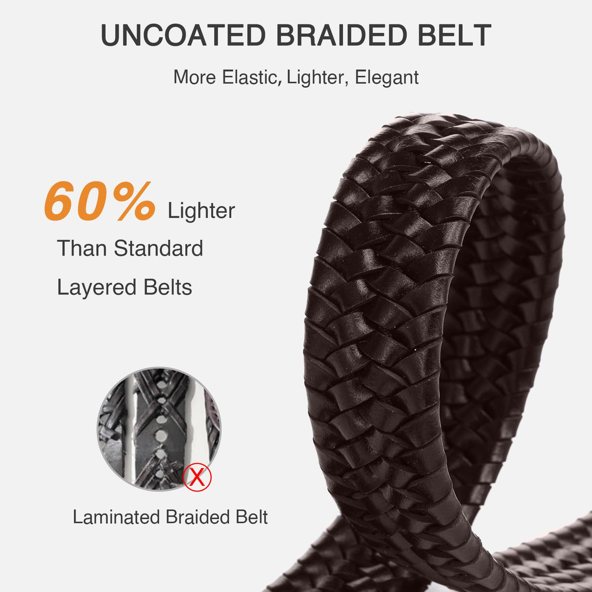 SAKIZITO Mens Braided Leather Belt - 1 1/4“ Stretch Belts for Men Casual - Mens Dark Brown Belt