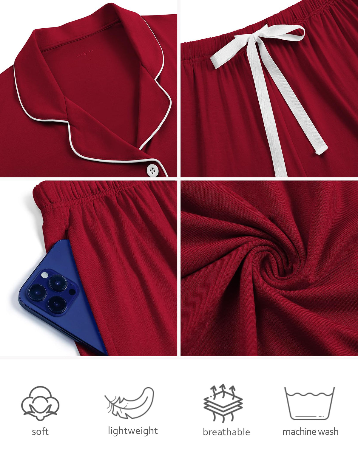 ZMJ Womens Pajama Sets 2 Piece Lounge Sets Short Sleeve Top and Shorts Pj Set Button Down Sleepwear Outfits Wine Red, S