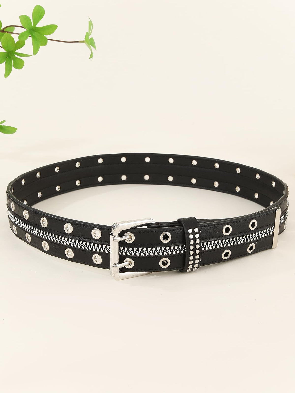 RoseSeek Women's Vintage Zip Rivet Studded Belts PU Leather Western Punk Waist Belts for Jeans 70