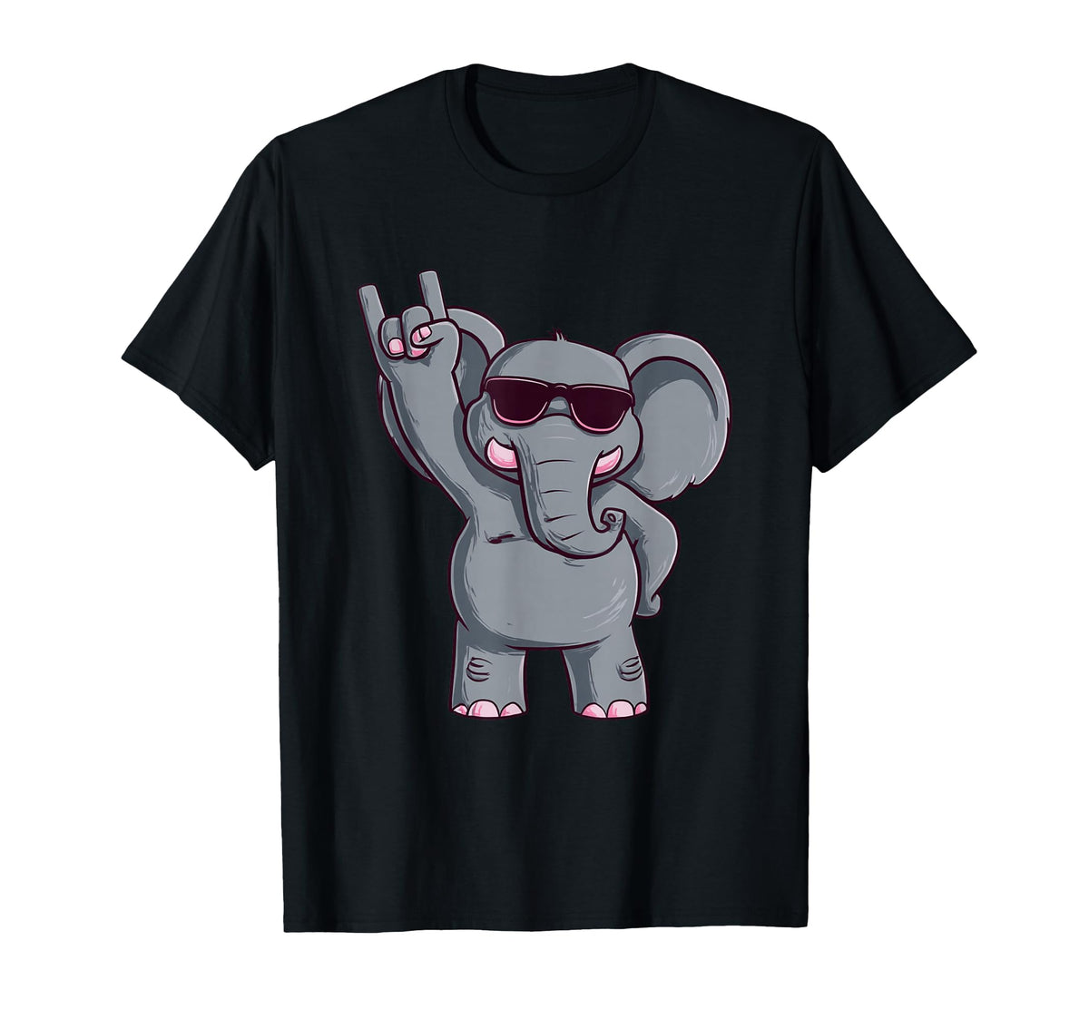 Cartoon Elephant Rock Hand Sign Punk T-Shirt - Casual Everyday Wear Unisex