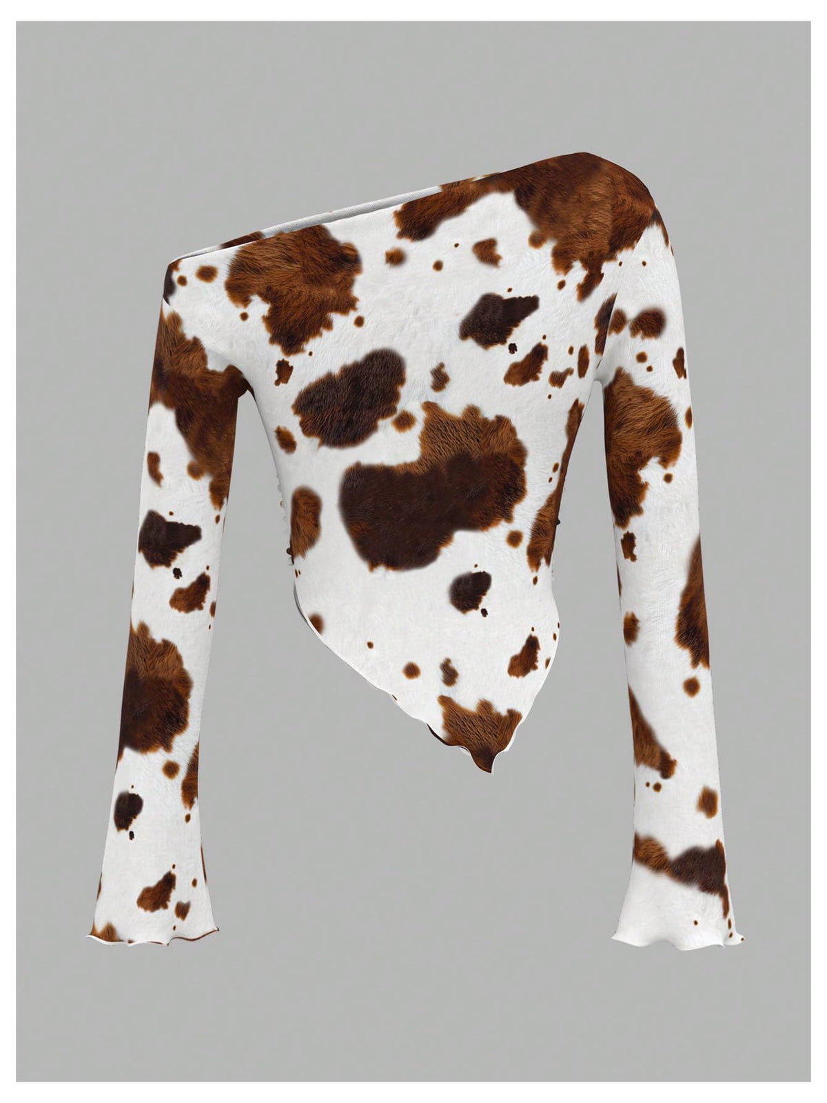 RoseSeek Women's Y2K Cow Print Bell Long Sleeve T Shirt Ruched Asymmetrical Neck Slim Fitted Tee Tops Multicolor Small