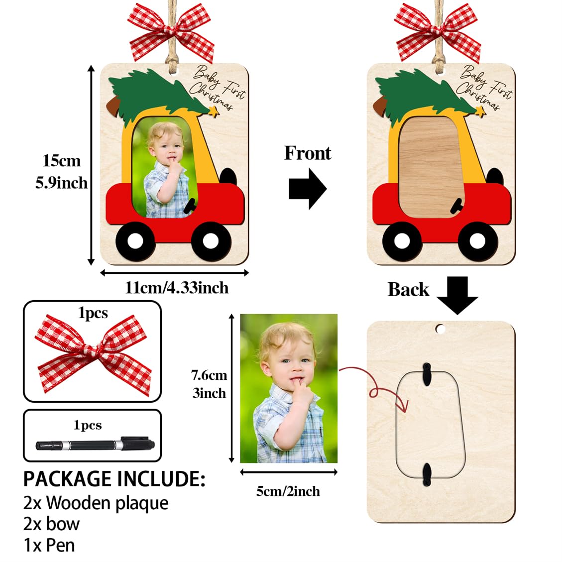 Baby's First Christmas Ornament with Name Wooden Baby 1st Christmas Ornament Picture Frame Car Babys Photo Xmas Tree Ornaments Keepsake for New Mom Dad Birthday