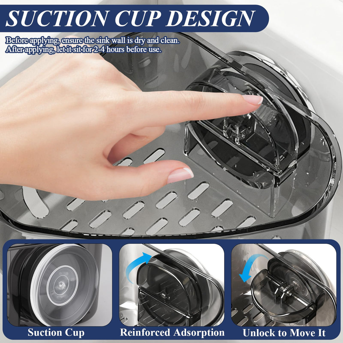 Plman Sink Strainer Basket, Triangle Suction Cup Sink Corner Rack, New Upgraded Corner Sink Strainer with Drainage Hole, Punch-Free Corner Sink Trash Catcher for Kitchen and Bathroom (Black)