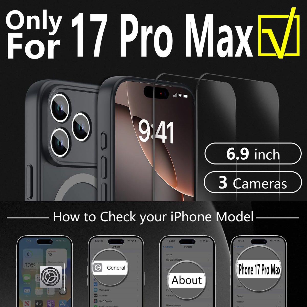 YFEMLAZ Magnetic for iPhone 17 Pro Max Case,with Screen Protectors X2,Full Camera Protection,Compatible with MagSafe,Translucent Matte,Anti-Fingerprint?Shockproof Protective Phone Case,6.9",Black