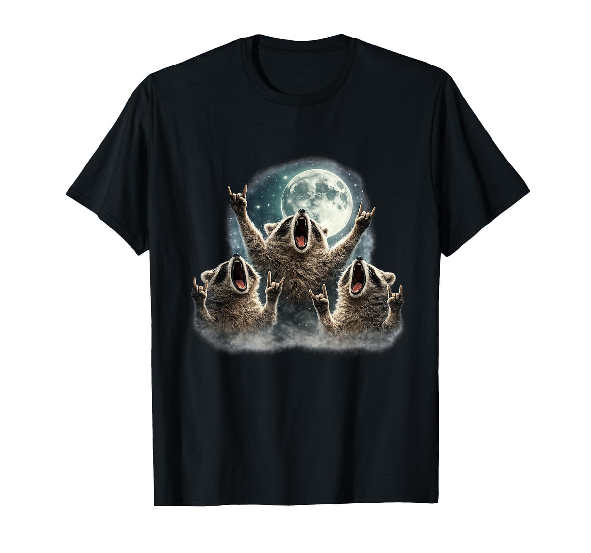 Raccoon 3 Racoons Howling Moon Rock T-Shirt - Minimalist Print Men Women