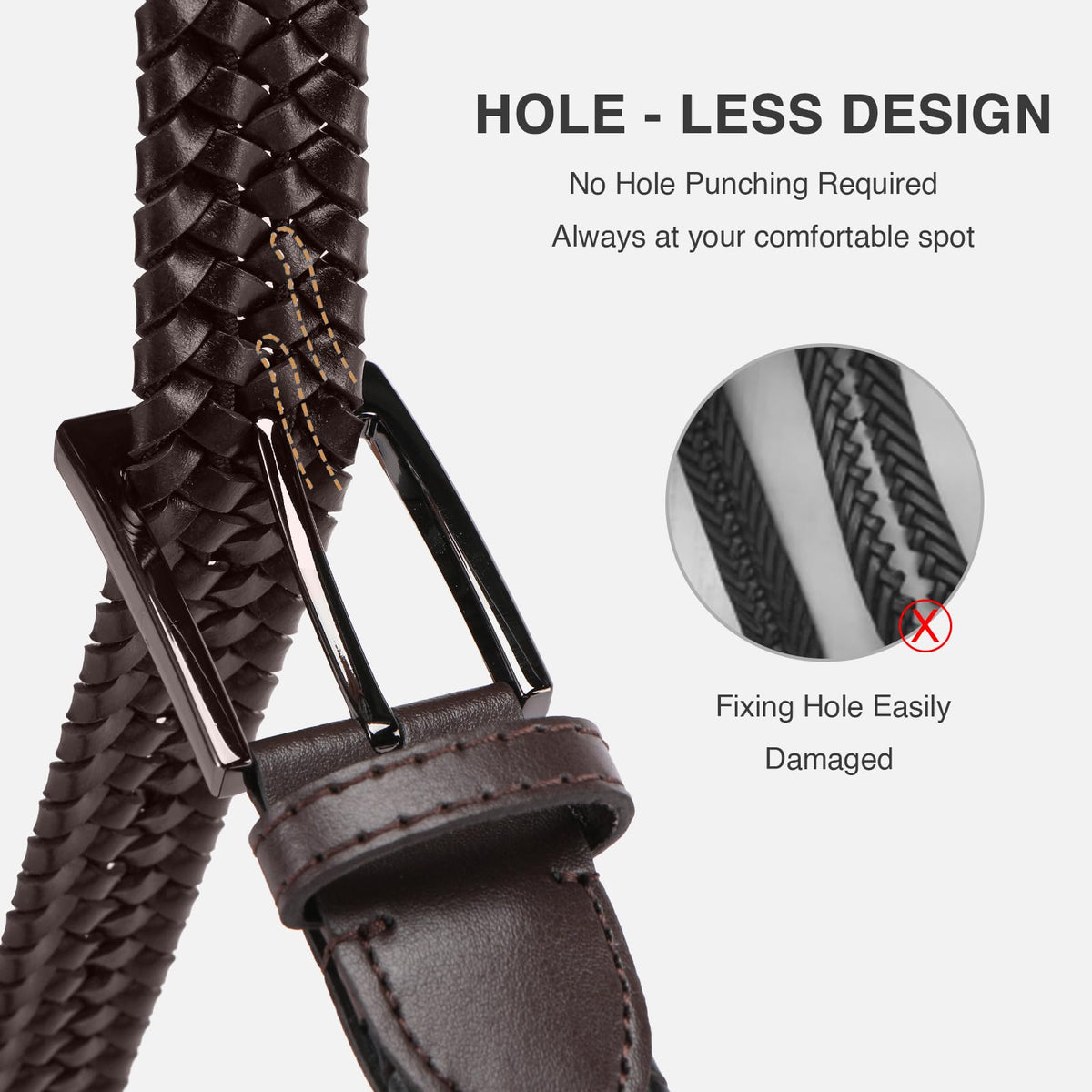 SAKIZITO Mens Braided Leather Belt - 1 1/4“ Stretch Belts for Men Casual - Mens Dark Brown Belt