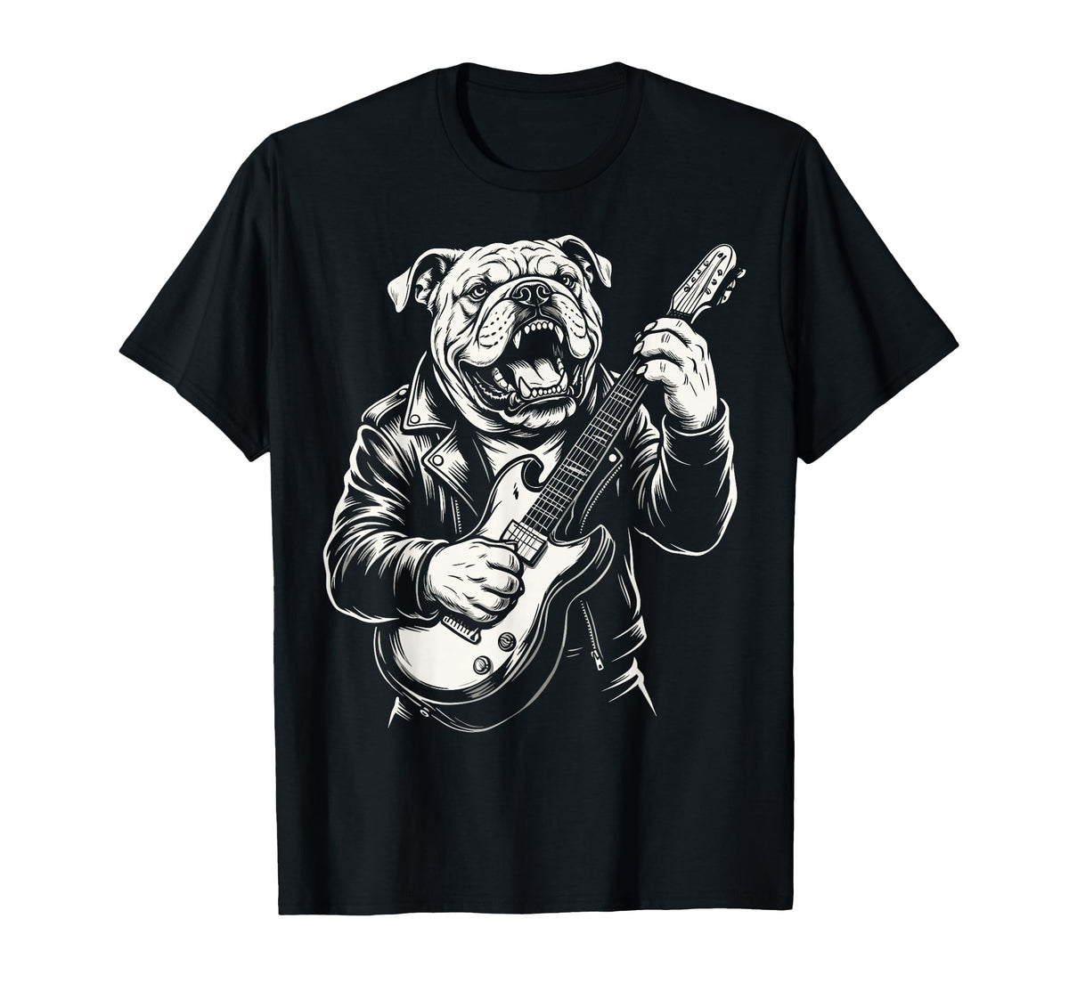 Funny Bulldog Dog Playing Guitar T-Shirt - Casual Everyday Wear Unisex