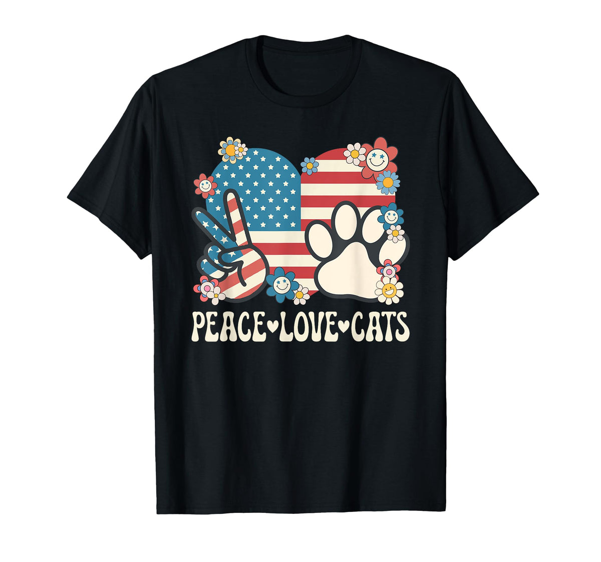 Peace Love Cats American Flag Patriotic T-Shirt - Graphic Print Men Women