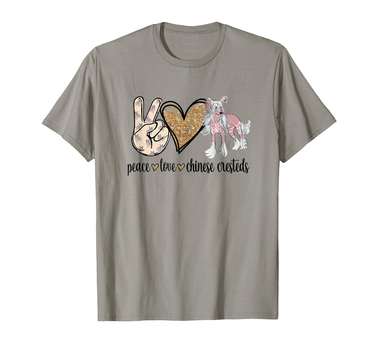 Womens Peace Love Chinese Crested Dog Mom T-Shirt - Novelty Apparel Unisex