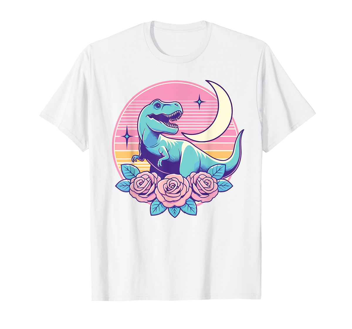 Pastel Dinosaur T Rex Moon And Roses T-Shirt - Streetwear Style Men Women