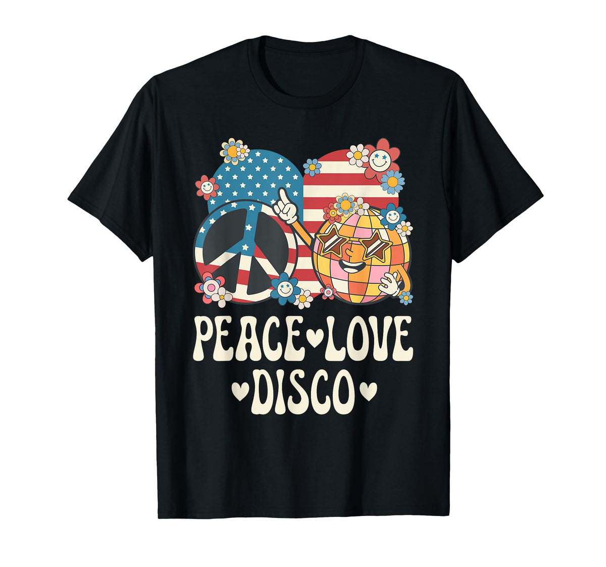 Peace Love Disco Outfit American T-Shirt - Casual Everyday Wear Men Women