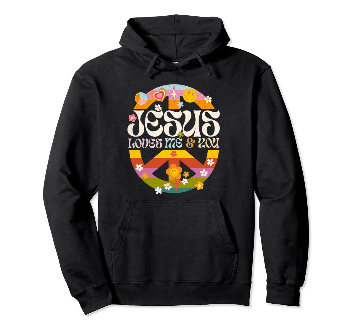 Groovy Jesus Loves Me Rainbow Peace Sign Hoodie - Unique Graphic Men Women