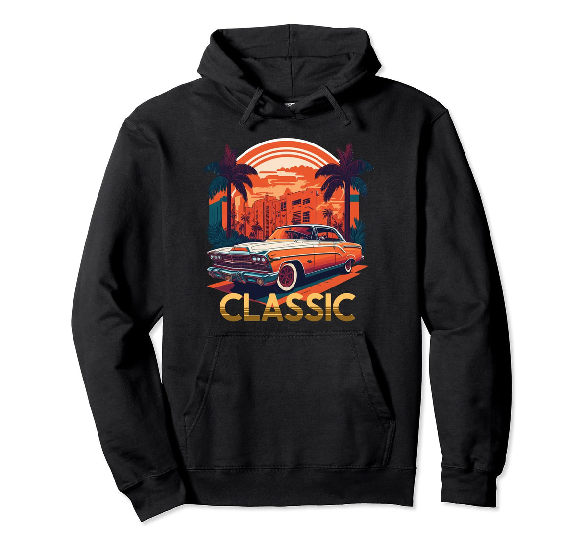 Car Mid Century Tropical City Sunset Hoodie - Minimalist Print Men Women