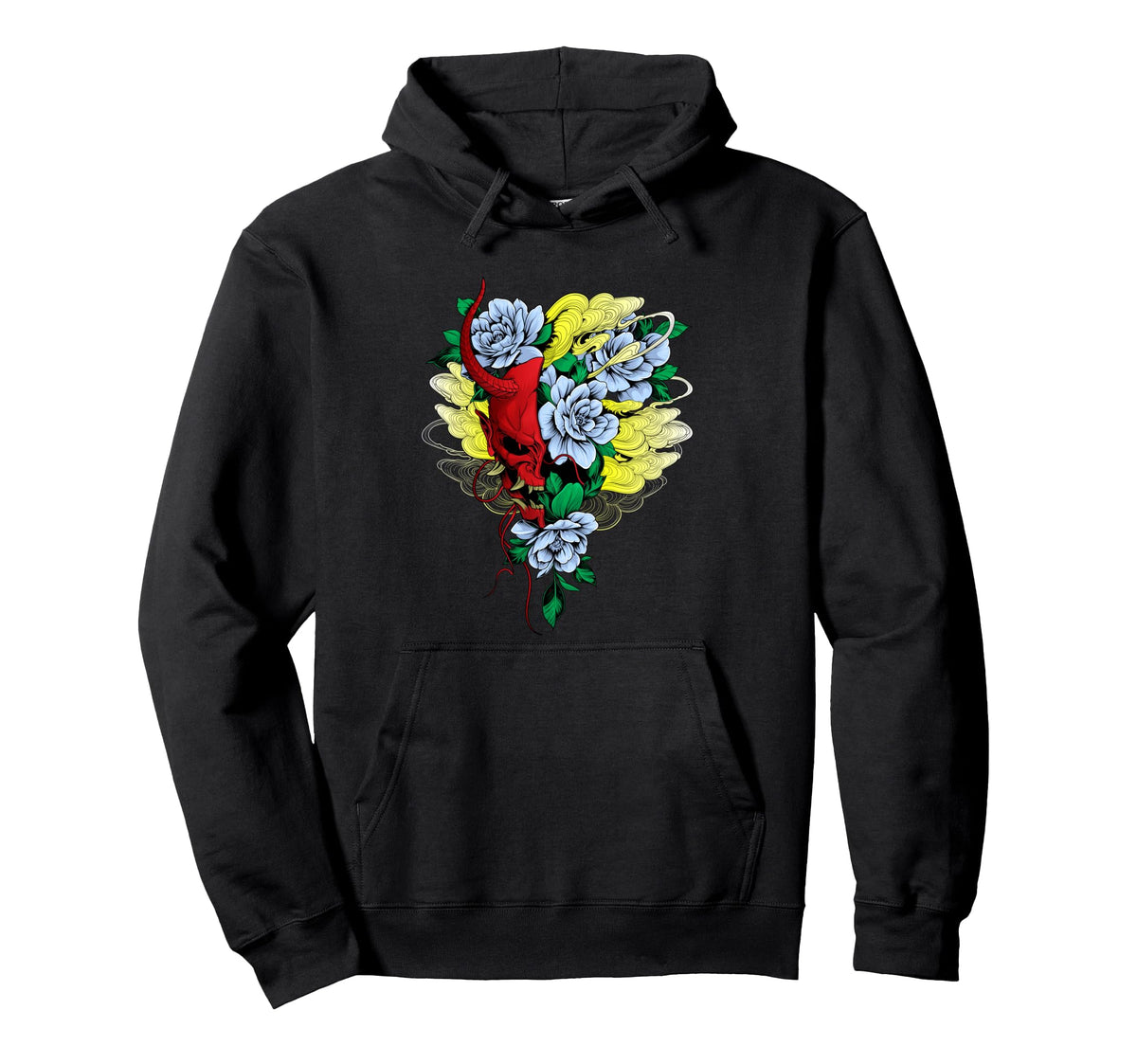 Japanese Oni Mask Flower Aesthetic Hoodie - Minimalist Print Men Women