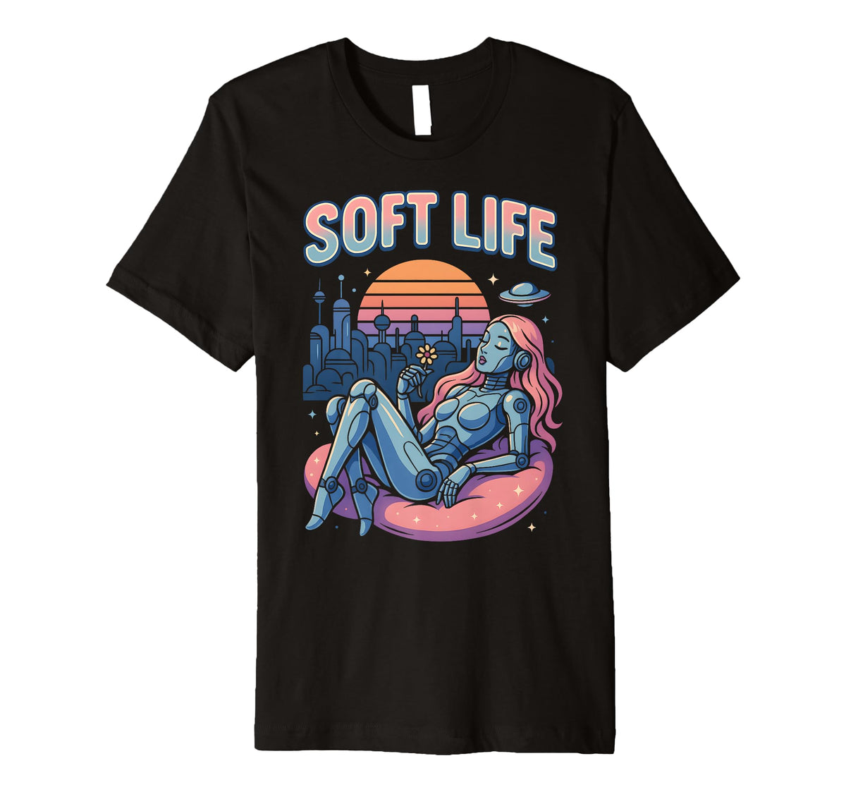 Soft Life Robot Retrofuture City Y2K T-Shirt - Unique Graphic Unisex