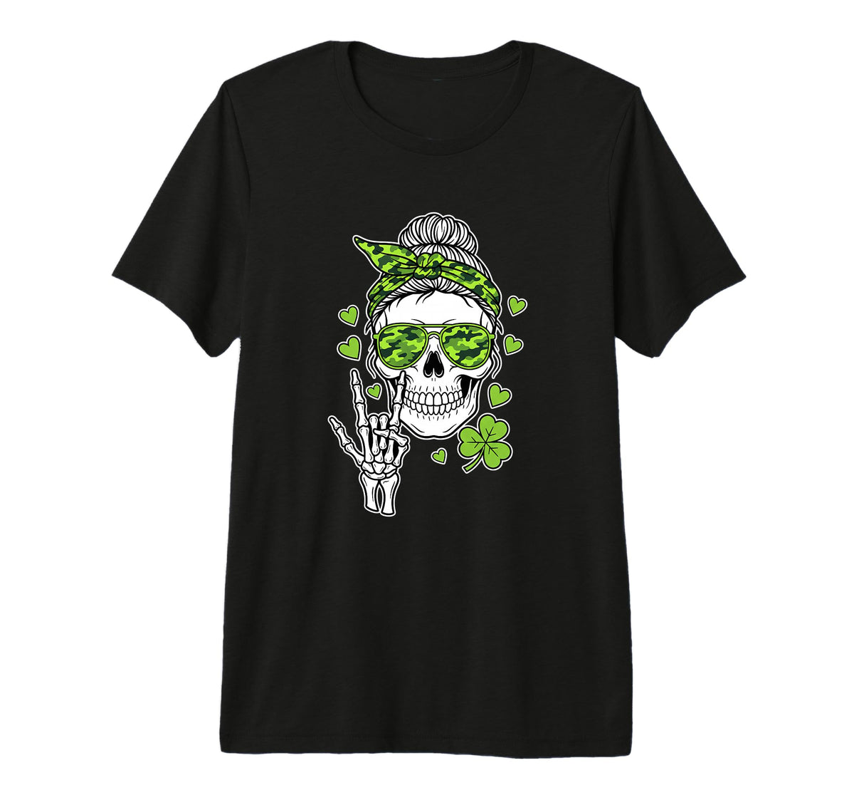 Skull Shamrock Sunglasses Rock Hand Womens T-Shirt - Graphic Print Unisex