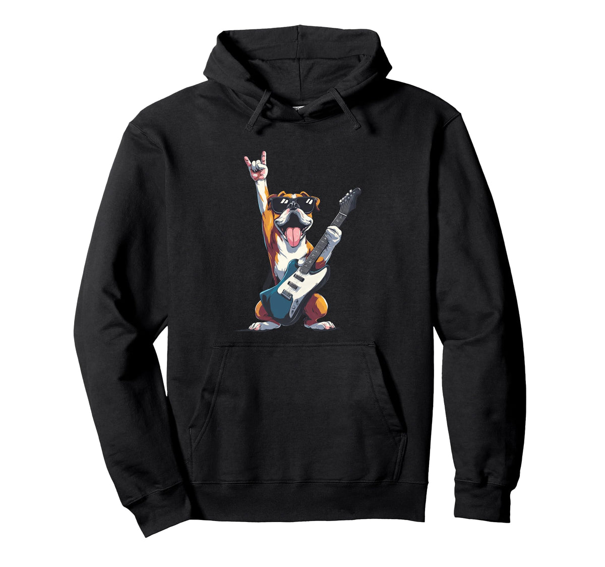 Bulldog Rock Dog Guitar Playing Hoodie - Fun Novelty Design Men Women