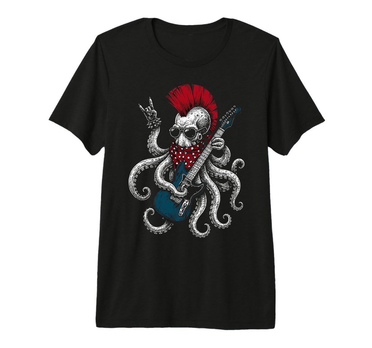 Funny Octopus Playing Guitar Usa T-Shirt - Casual Everyday Wear Men Women