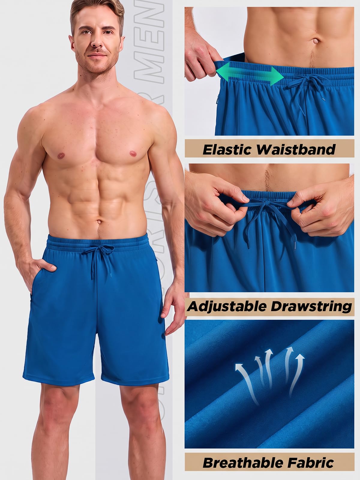 Cimic 5 Pack Mens Athletic Shorts Quick Dry Gym Running Workout Basketball Shorts for Men with Zippered Pockets D3010 Blue 2XL