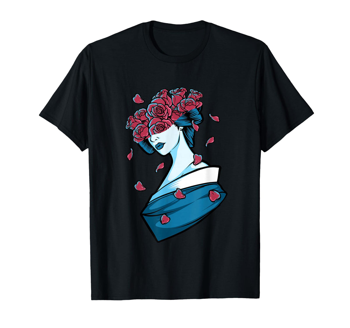 Geisha Cherry Red Roses Grunge T-Shirt - Casual Everyday Wear for Adults