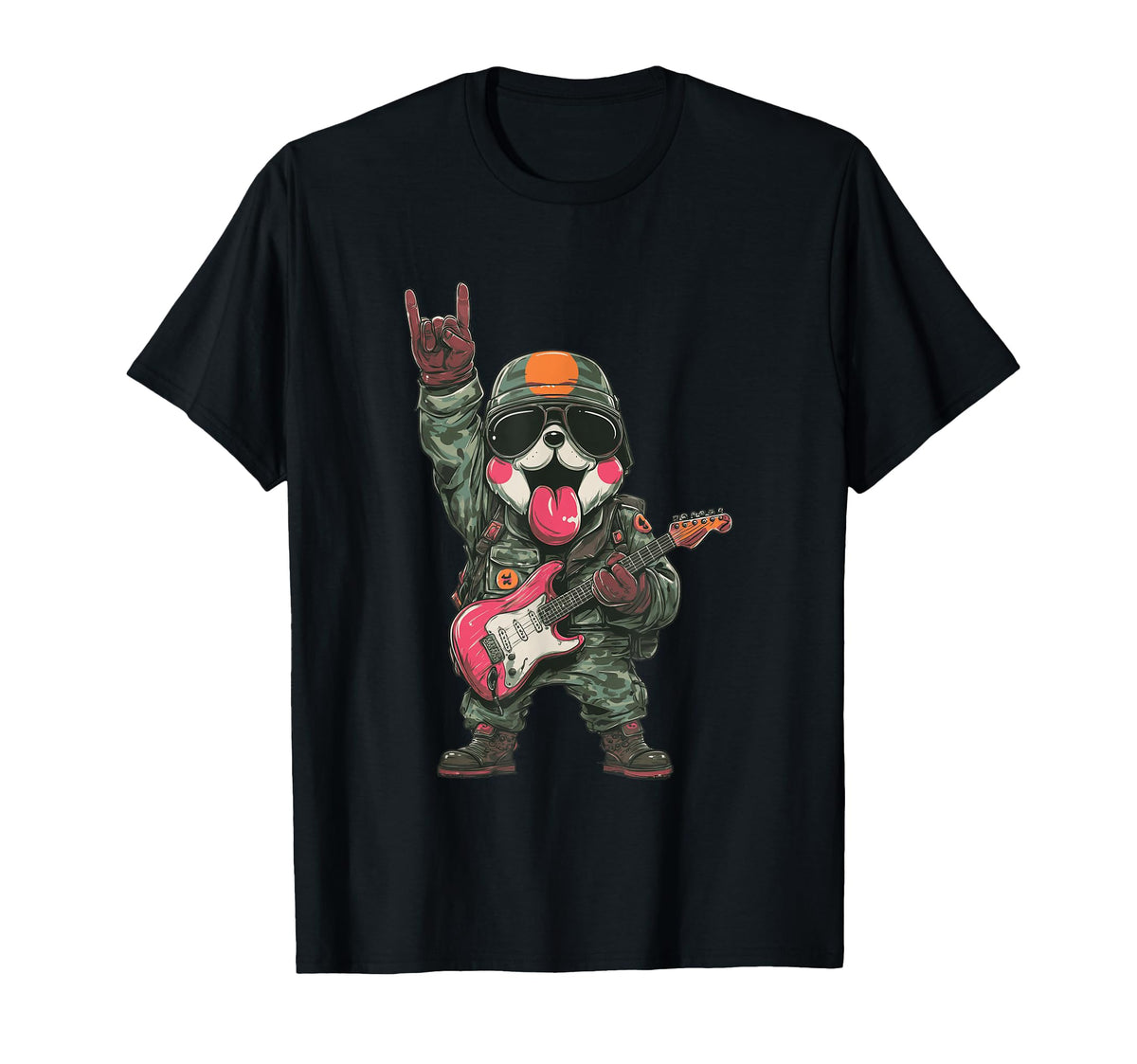 Funny Rock Dog Military Dog Guitarist T-Shirt - Graphic Print Unisex