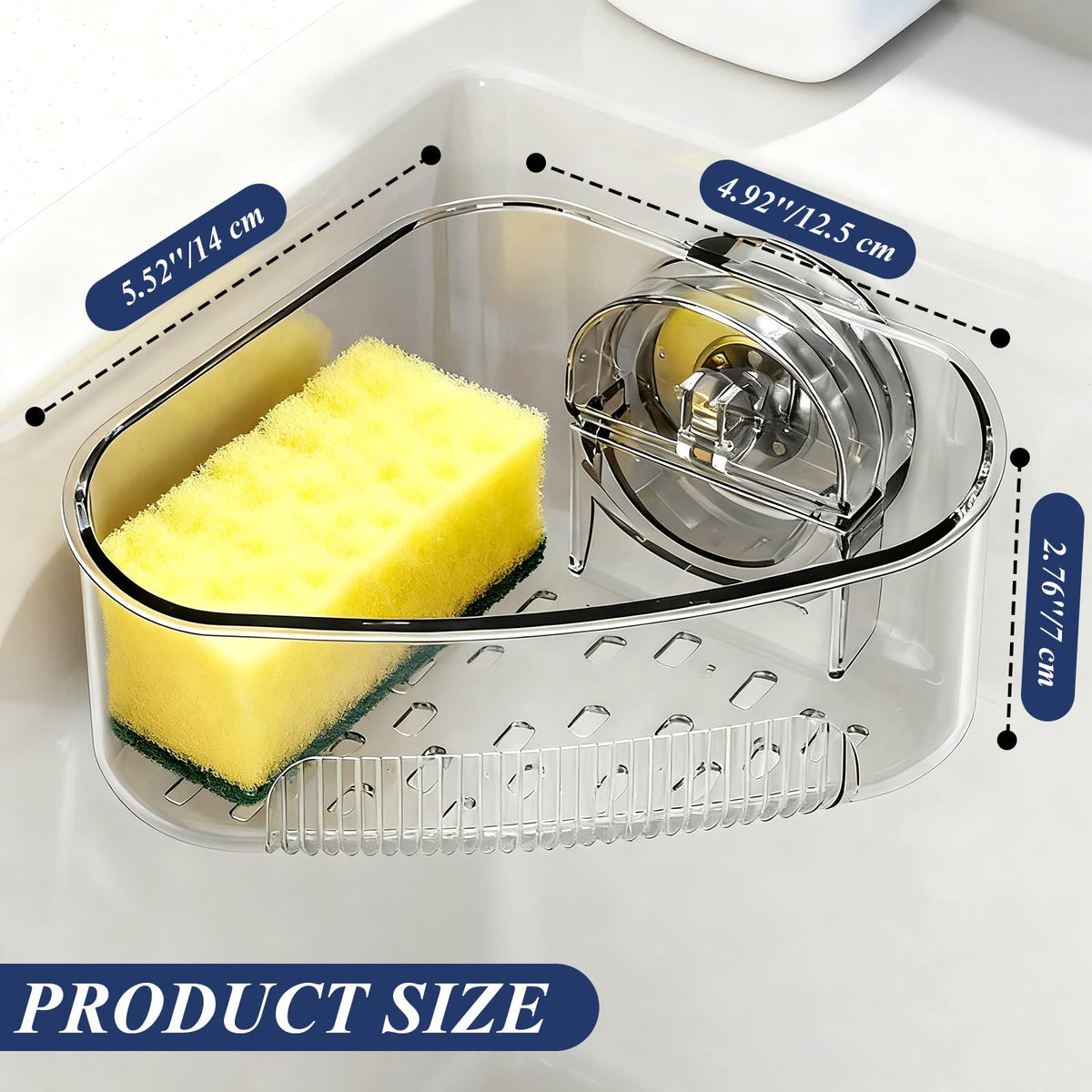Plman Sink Strainer Basket, Triangle Suction Cup Sink Corner Rack, New Upgraded Corner Sink Strainer with Drainage Hole, Punch-free Corner Sink Trash Catcher for Kitchen and Bathroom (Transparent)