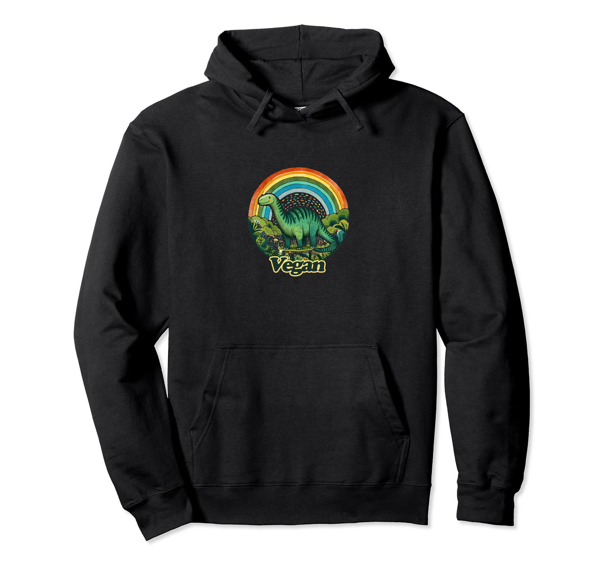 Vegan Rainbow Dinosaur Art Green Hoodie - Casual Everyday Wear for Adults