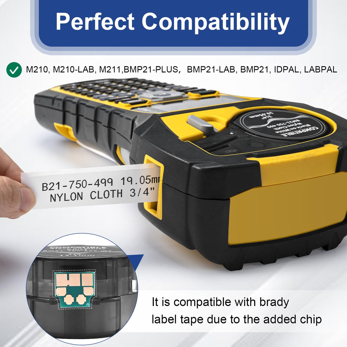 Compatible M21-750-499 Nylon Cloth 3/4 Inch Label Tape, Work with M210, M210-LAB, M211, BMP21-PLUS Printers, for Wire and Cable, Black on White 75" W 16' L, High Adhesion, 3-Pack