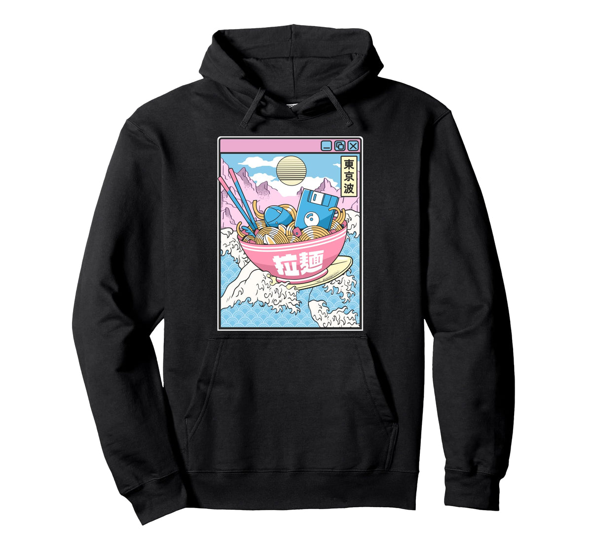 Digital Ramen Bowl Surfing Japanese Waves Hoodie - Streetwear Style Unisex