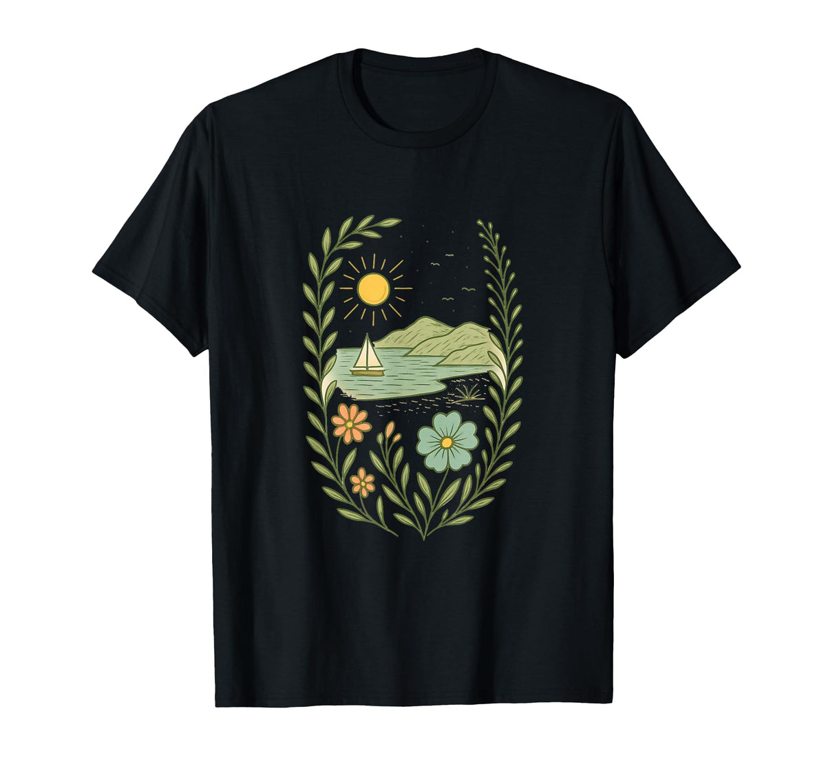 Sailboat Beach Boho Floral Summer T-Shirt - Streetwear Style Men Women