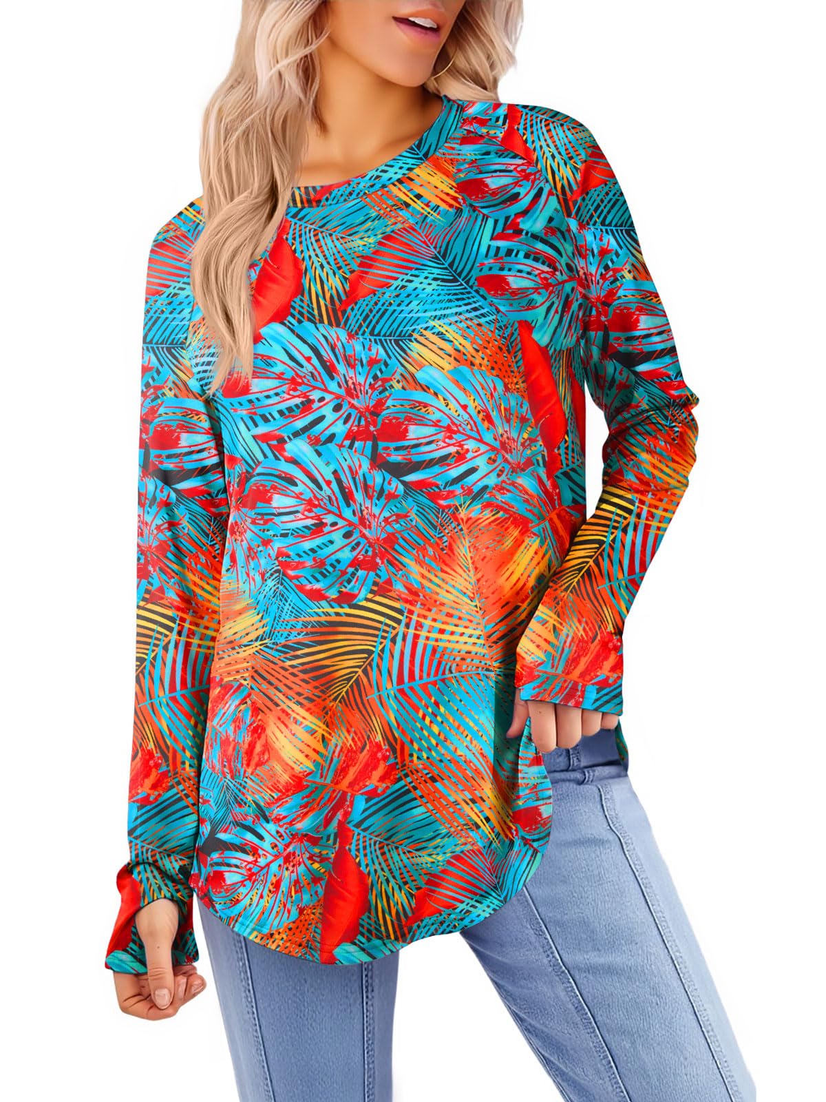 Yousify Womens Long Sleeve Shirts Casual Crew Neck Tunic Top Loose Fit Curved Hem Printed Fall Shirts with Thumb Holes