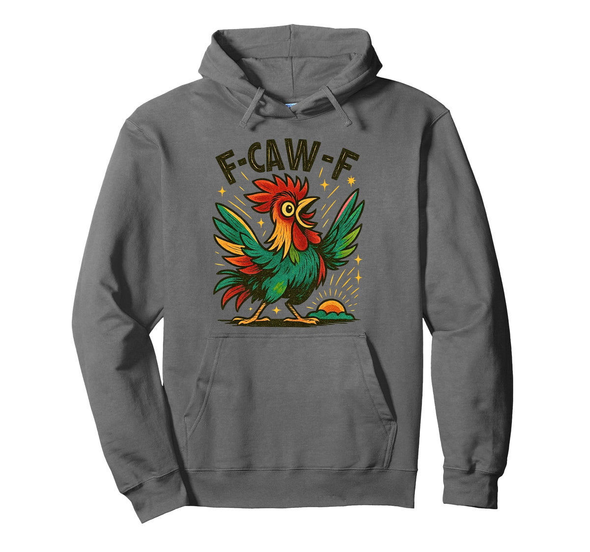 F Caw F Funny Rainbow Rooster Sunrise Hoodie - Minimalist Print for Adults