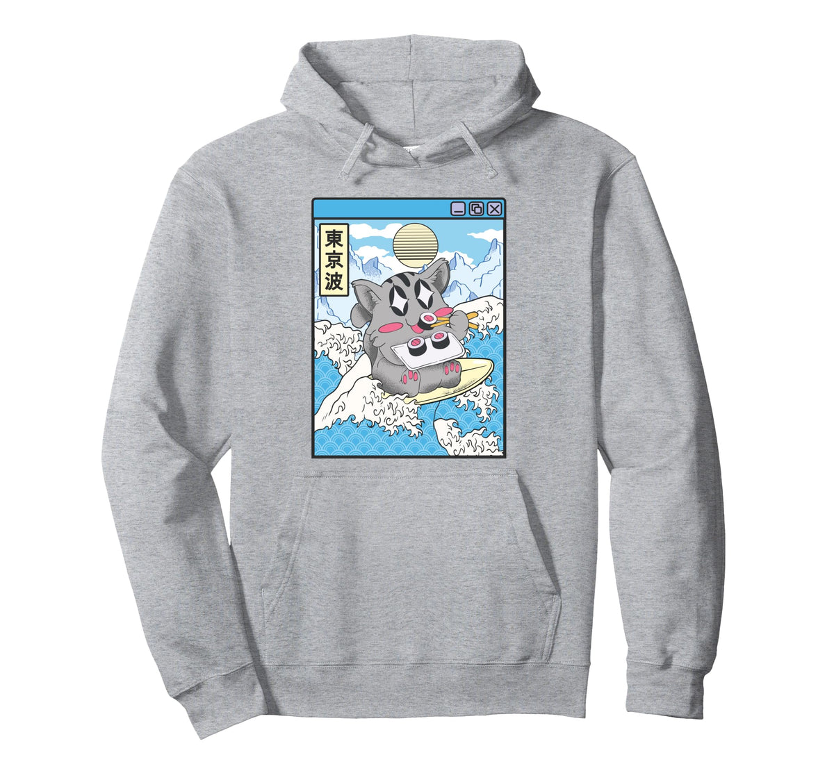 Surfing Cat Eating Sushi Japanese Wave Hoodie - Streetwear Style Unisex