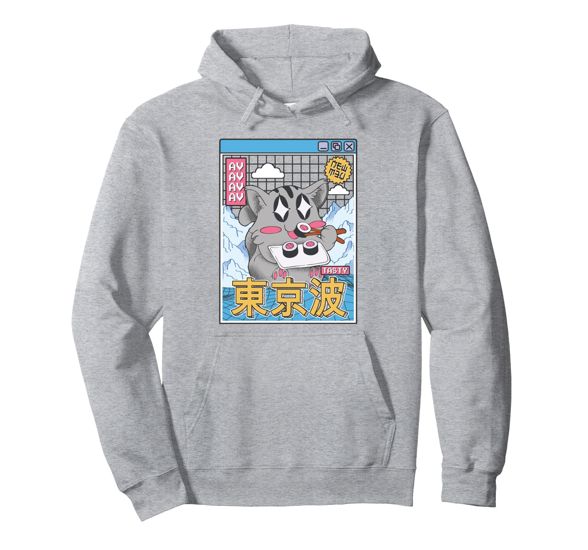 Happy Cat Eating Sushi Vaporwave Hoodie - Streetwear Style Unisex