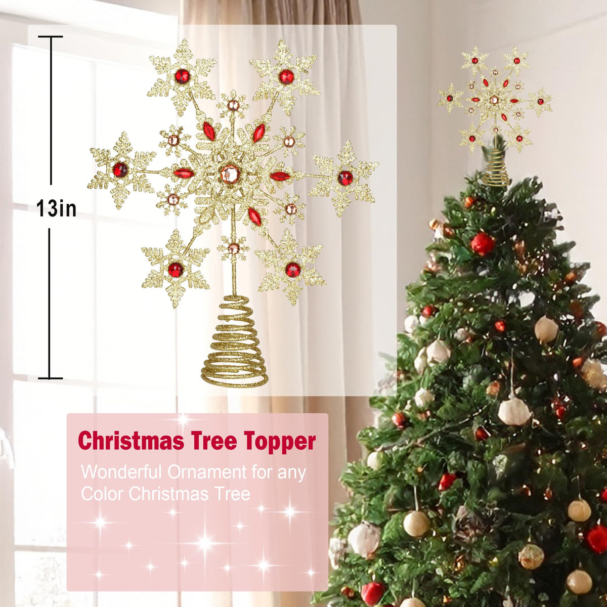 Glittering Gold Snowflake Christmas Tree Topper, 3D Sparkling Metal Snowflake for Xmas Decor, Holiday Party Indoor Decorations