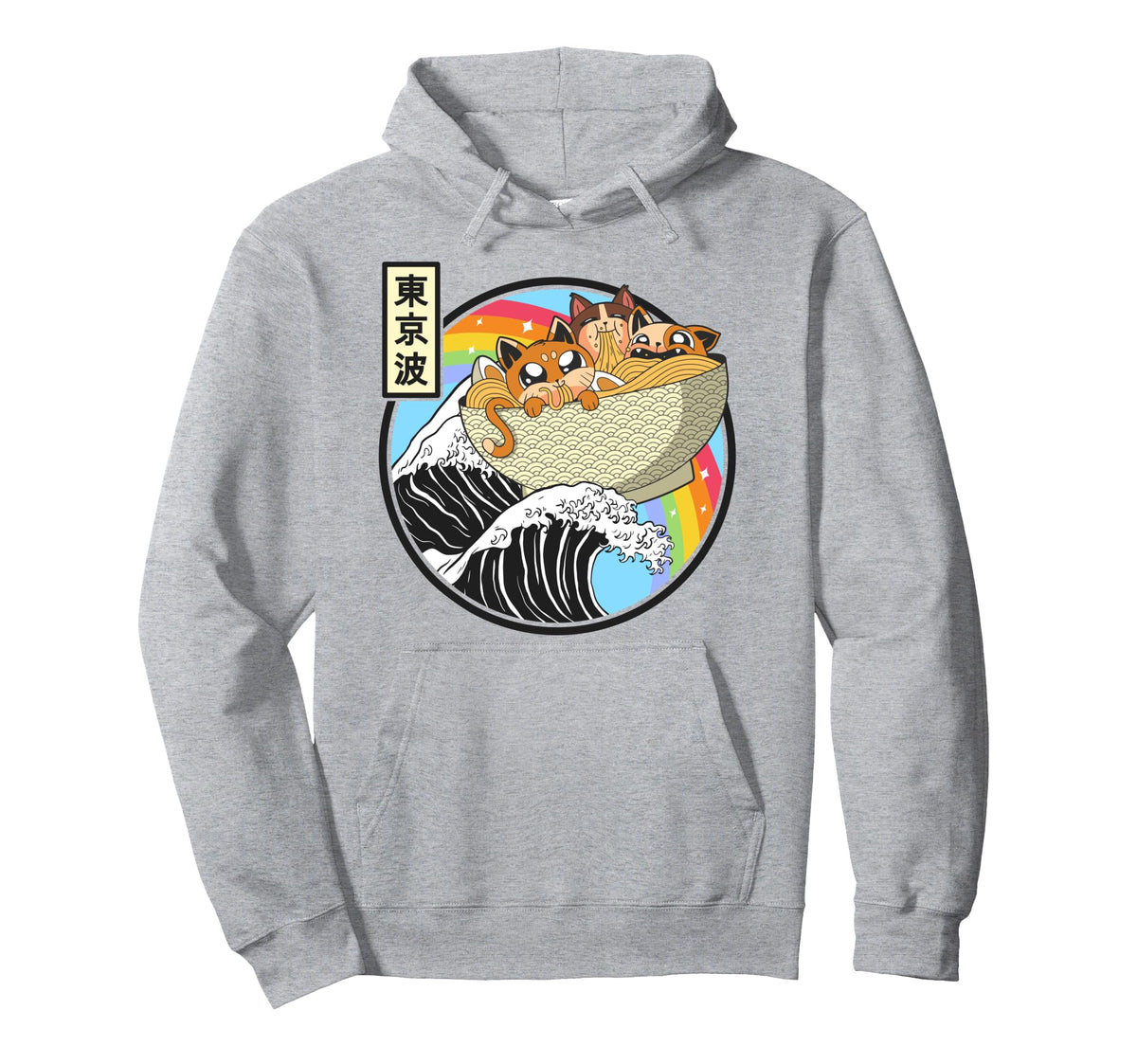 Cats Eating Ramen Kanagawa Wave Kawaii Hoodie - Minimalist Print Men Women