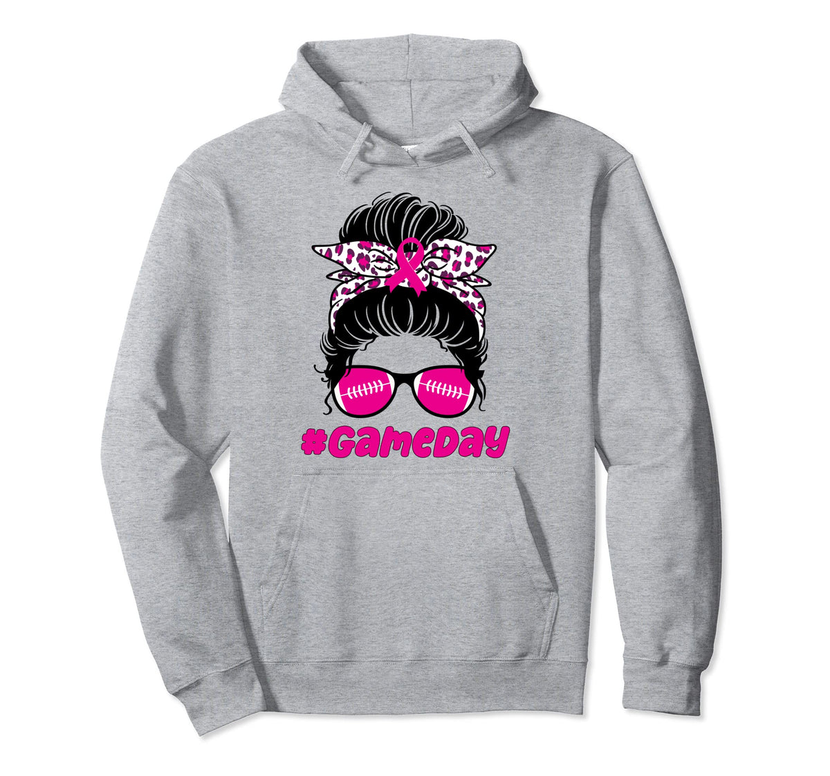 Game Day Breast Cancer Football Messy Bun Hoodie - Novelty Apparel Unisex