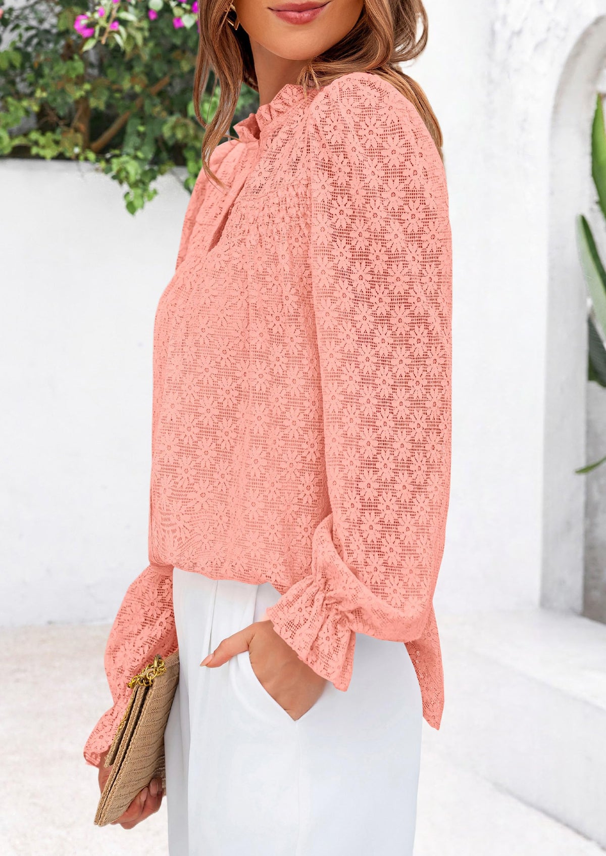 PRETTYGARDEN Women's Pink Eyelet Lace Blouse, Medium