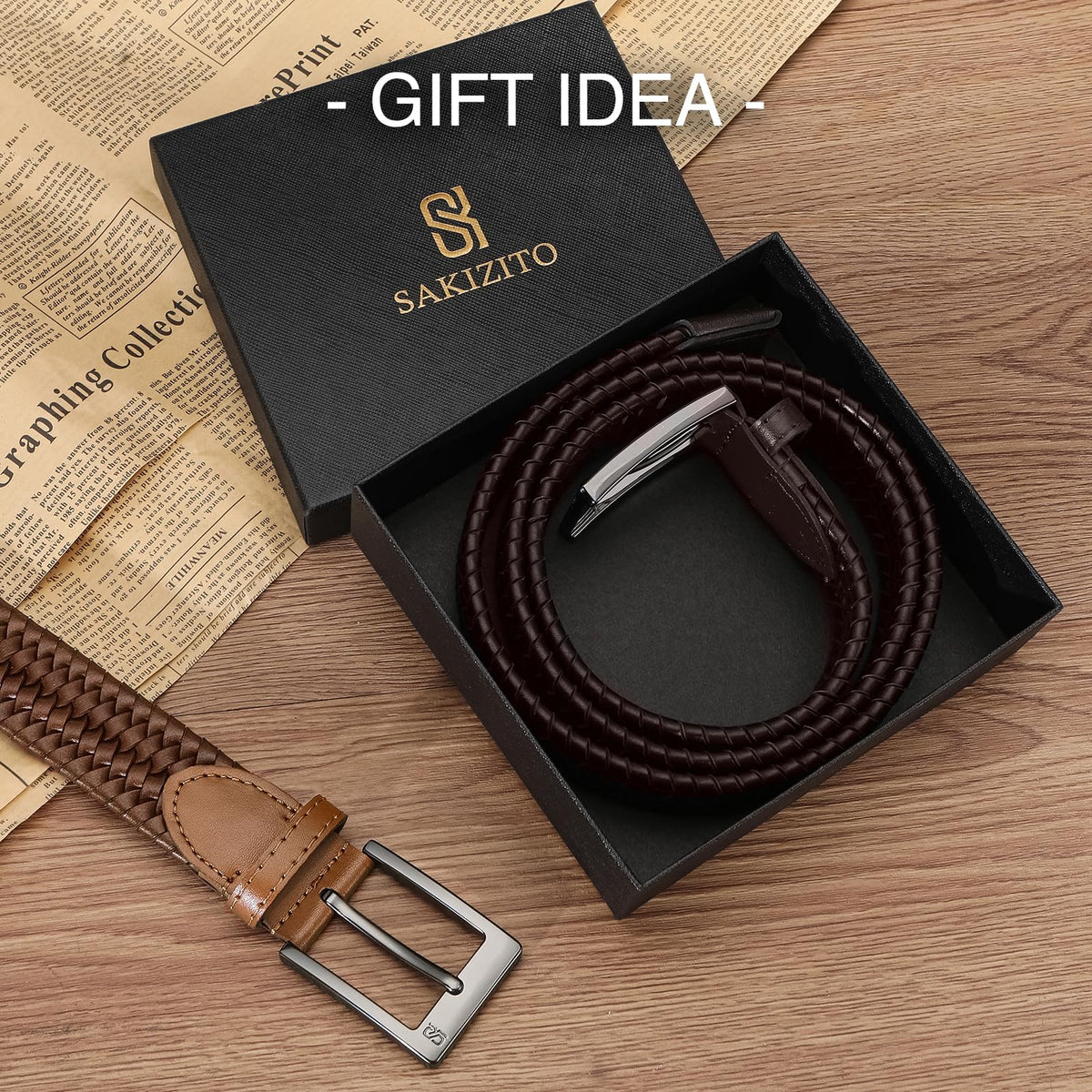SAKIZITO Mens Braided Leather Belt - 1 1/4“ Stretch Belts for Men Casual - Mens Dark Brown Belt
